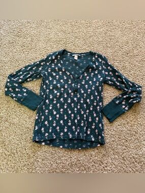 Victoria’s Secret Dark Green Floral Henley Long-Sleeve Top